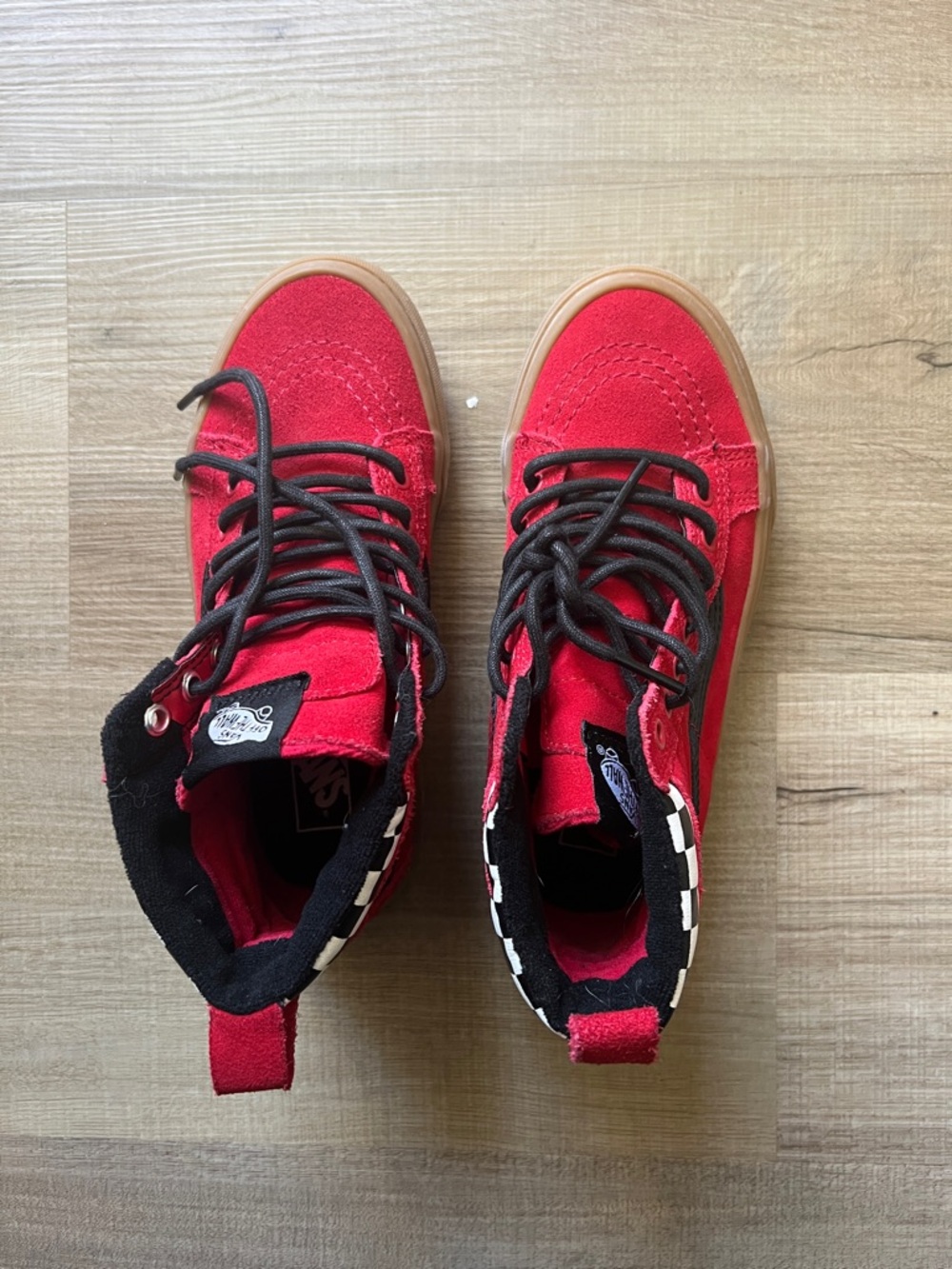 Vans Kids Red High-Top Sneakers with Black Laces and Checker Trim